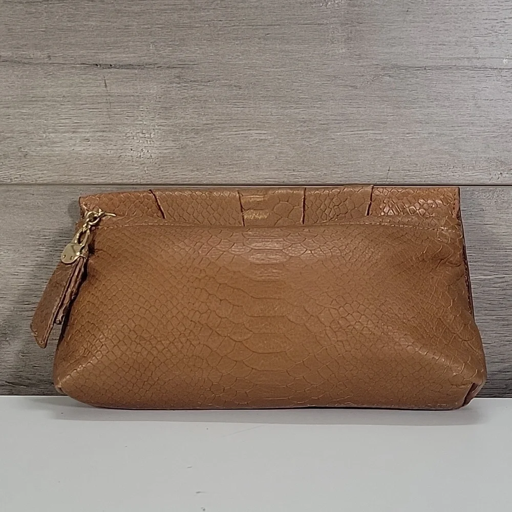 Henri Bendel Tan Snake Skin Embossed Leather Clutch Bag
